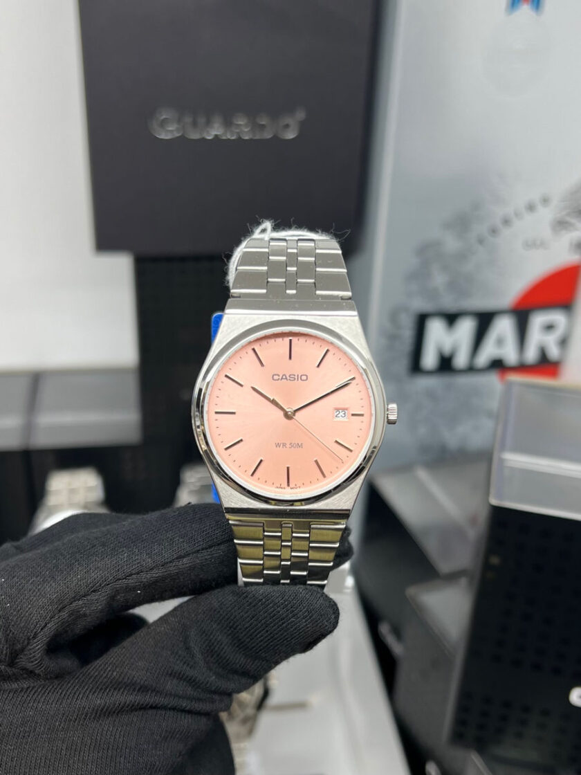 montre classique homme casio mtp b145d 4avdf acier inoxydable, bracelet métal, Étanche, cadran rose référence mtp b145d 4avdf