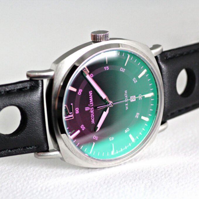 Montre Homme Jacques Lemans - Quartz 10 ATM, Boîtier Acier Argent 42 mm, Cadran Vert, Bracelet Cuir Noir, Verre Minéral – Réf. 1-1943J