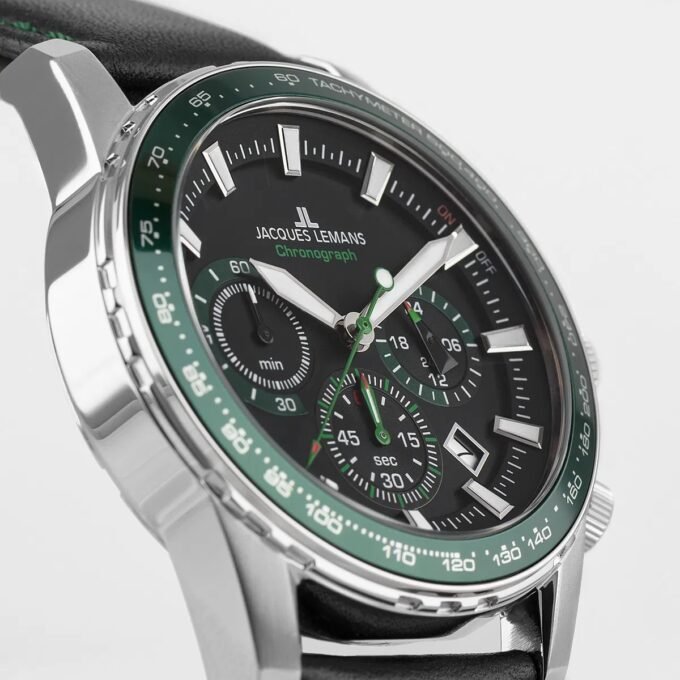 Montre Homme Jacques Lemans Liverpool - 1-2099C - Bracelet Vert Cuir - Chronographe - Affichage analogique - Résistant à l'eau - 1-2099C