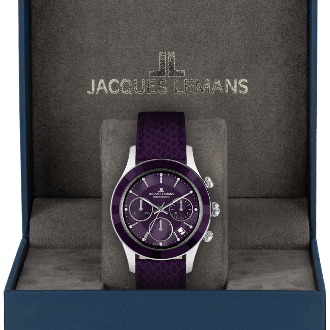 montre femme chronographe jacques lemans venise – quartz, acier, bracelet cuir violet, cadran nacre cristaux, 38 mm, etanche 5 atm 1 2151j