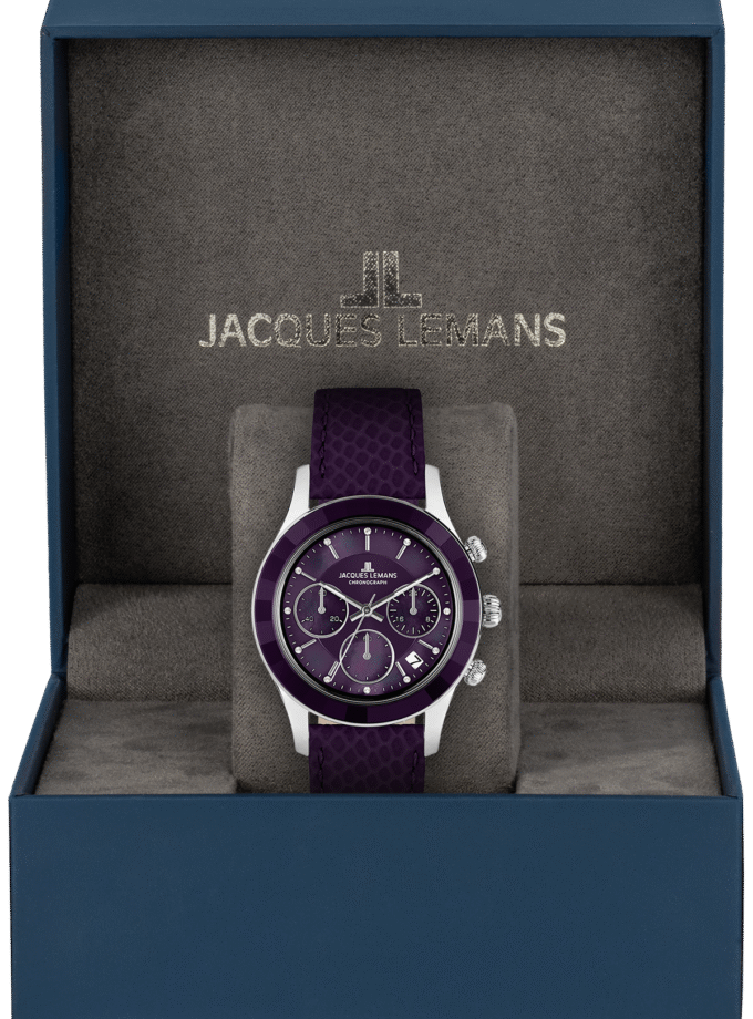 montre femme chronographe jacques lemans venise – quartz, acier, bracelet cuir violet, cadran nacre cristaux, 38 mm, etanche 5 atm 1 2151j