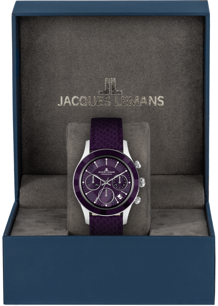 montre femme chronographe jacques lemans venise – quartz, acier, bracelet cuir violet, cadran nacre cristaux, 38 mm, etanche 5 atm 1 2151j