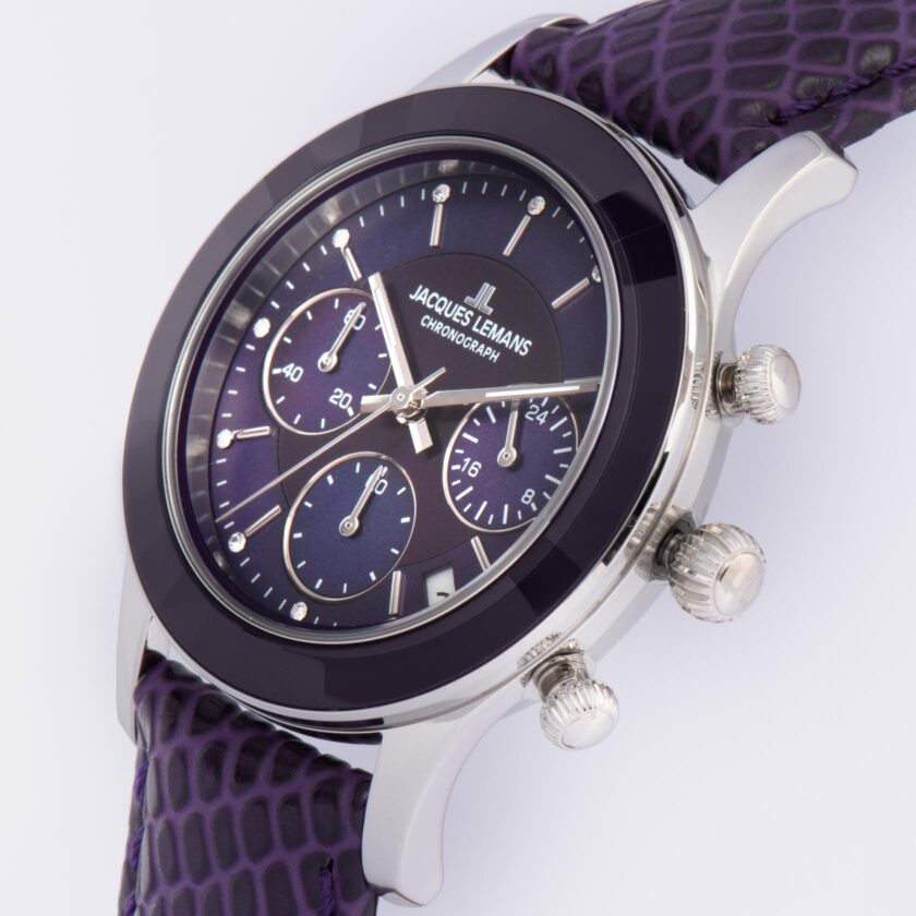 montre femme chronographe jacques lemans venise – quartz, acier, bracelet cuir violet, cadran nacre cristaux, 38 mm, etanche 5 atm 1 2151j