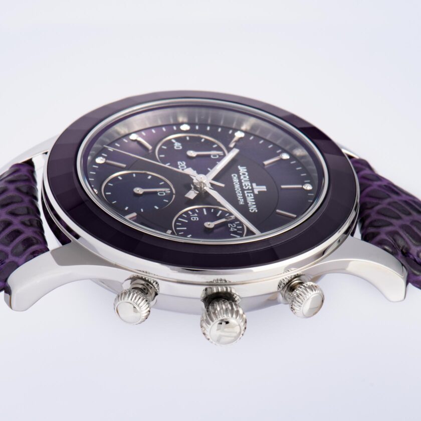 montre femme chronographe jacques lemans venise – quartz, acier, bracelet cuir violet, cadran nacre cristaux, 38 mm, etanche 5 atm 1 2151j