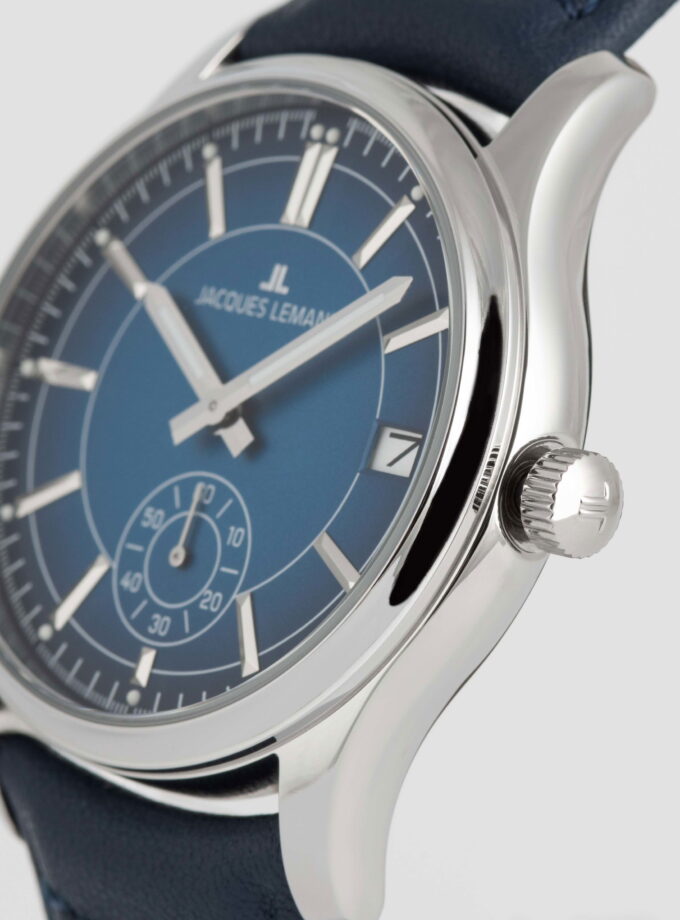 montre quartz homme jacques lemans – acier inoxydable, cadran bleue, bracelet cuir, verre minéral, étanche 10 bar, date, 41 mm 1 2197b