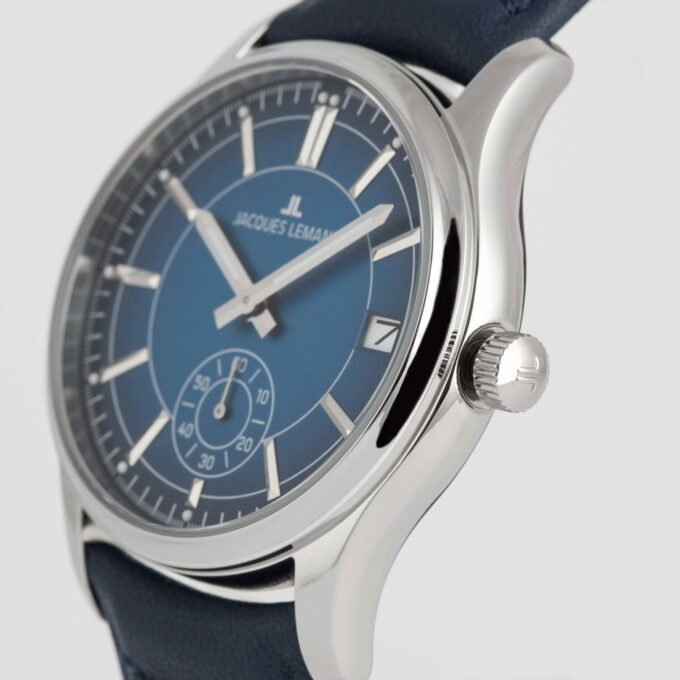 montre quartz homme jacques lemans – acier inoxydable, cadran bleue, bracelet cuir, verre minéral, étanche 10 bar, date, 41 mm 1 2197b