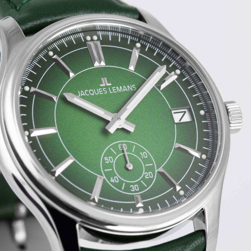 montre quartz homme jacques lemans – acier inoxydable, cadran vert, bracelet cuir, verre minéral, étanche 10 bar, date, 41 mm 1 2197c
