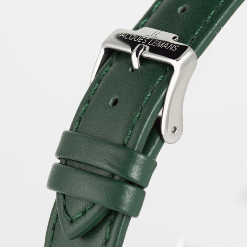 montre quartz homme jacques lemans – acier inoxydable, cadran vert, bracelet cuir, verre minéral, étanche 10 bar, date, 41 mm 1 2197c