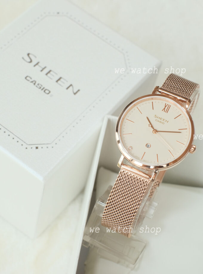 montre classique femme casio sheen she 4539cgm 4audf acier inoxydable, bracelet maille, rose doré, Étanche boutique aïwatch