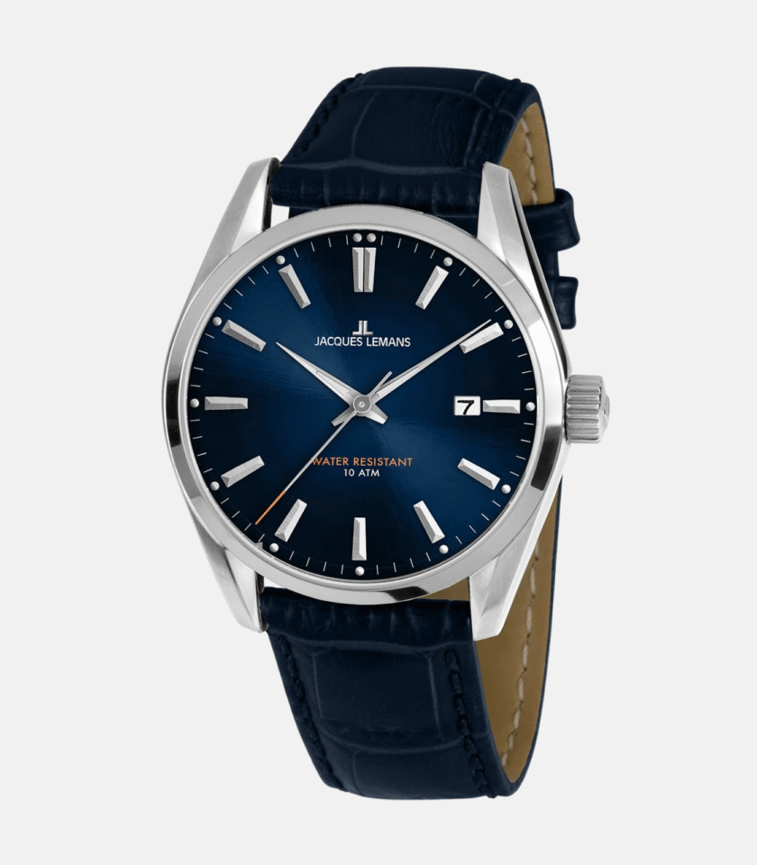 Montre Jacques Lemans Homme - Bracelet En Cuir Véritable Bleu - Cadran Rond Bleu - Etanche - Garantie 12 mois - 1-1859C