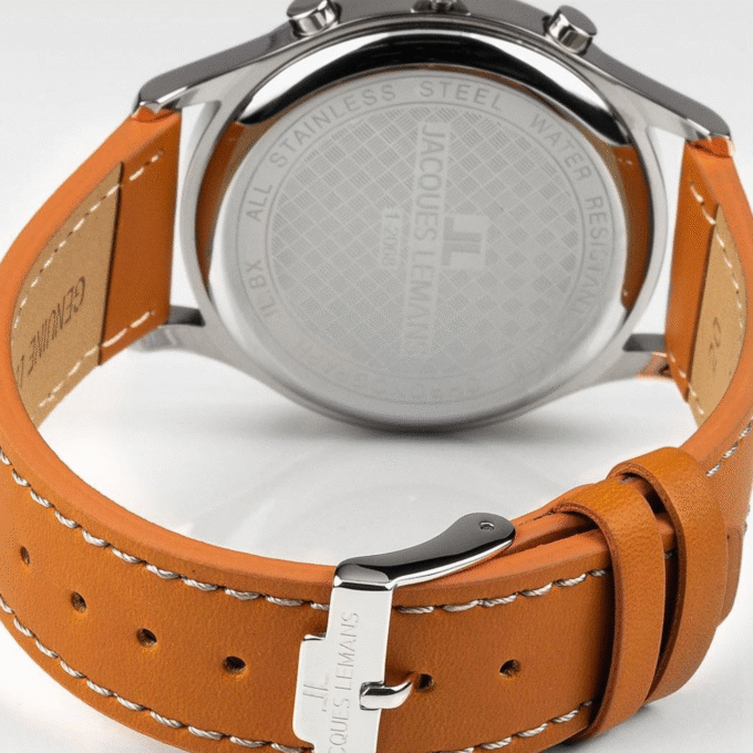 Montre Jacques Lemans Homme - Bracelet En Cuir Véritable Marron - Cadran Rond Gris - Etanche - Garantie 12 mois - 1-2068F