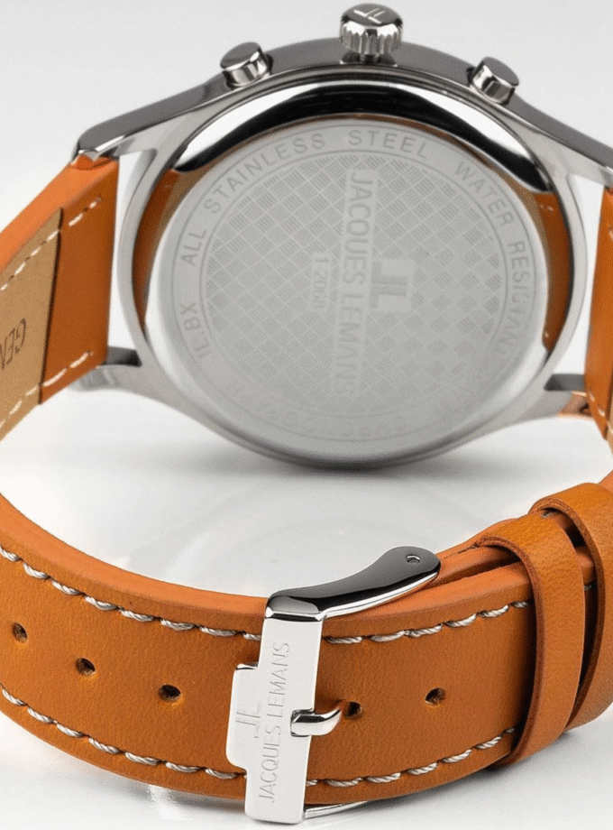 Montre Jacques Lemans Homme - Bracelet En Cuir Véritable Marron - Cadran Rond Gris - Etanche - Garantie 12 mois - 1-2068F