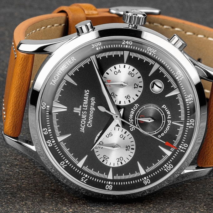 Montre Jacques Lemans Homme - Bracelet En Cuir Véritable Marron - Cadran Rond Gris - Etanche - Garantie 12 mois - 1-2068F
