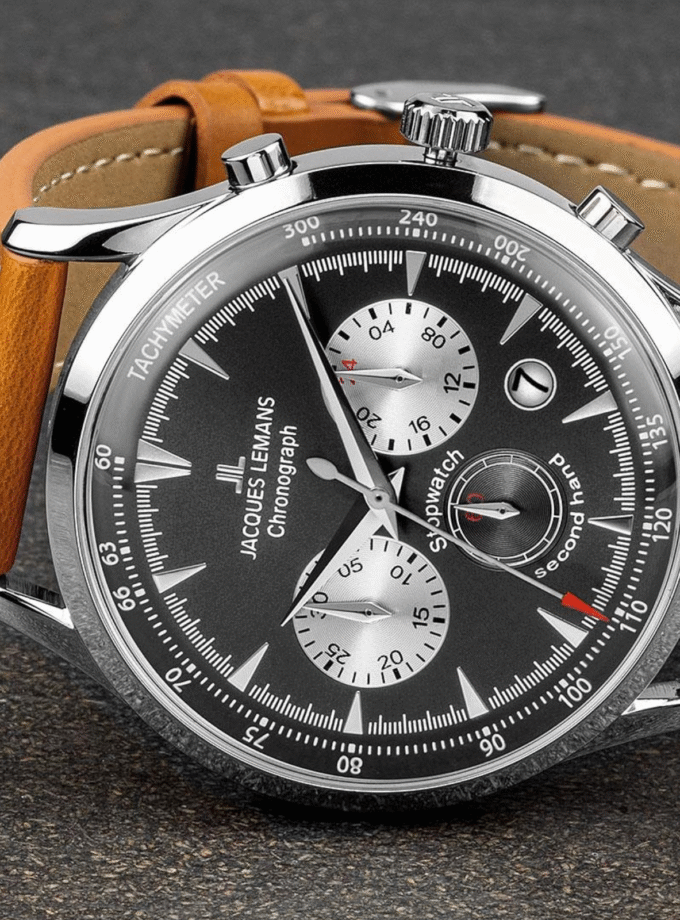 Montre Jacques Lemans Homme - Bracelet En Cuir Véritable Marron - Cadran Rond Gris - Etanche - Garantie 12 mois - 1-2068F