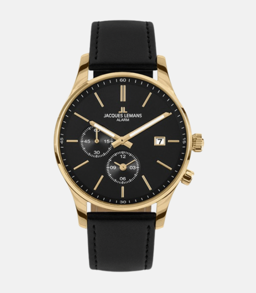 Montre Jacques Lemans Homme - Bracelet En Cuir Véritable Noir - Cadran Noir - Etanche - Garantie 12 mois - 1-2125C