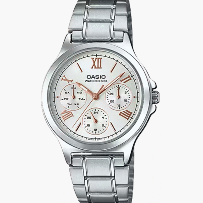 Montre CASIO Femme - LTP-V300D-7A2UDF - Bracelet Gris En Acier Inoxydable - Cadran Blanc - 12 Mois De Garantie