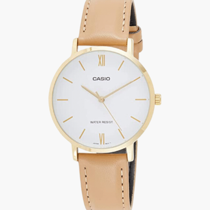 Montre CASIO Femme - Bracelet kaki En Cuir Véritable -  LTP-VT01GL-7BUDF - Cadran Blanc - 12 Mois De Garantie