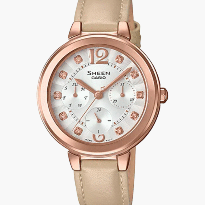 Montre CASIO Femme - SHE-3048PGL-7BUDR - Bracelet Brun En Cuir Véritable - Cadran Blanc - 12 Mois De Garantie