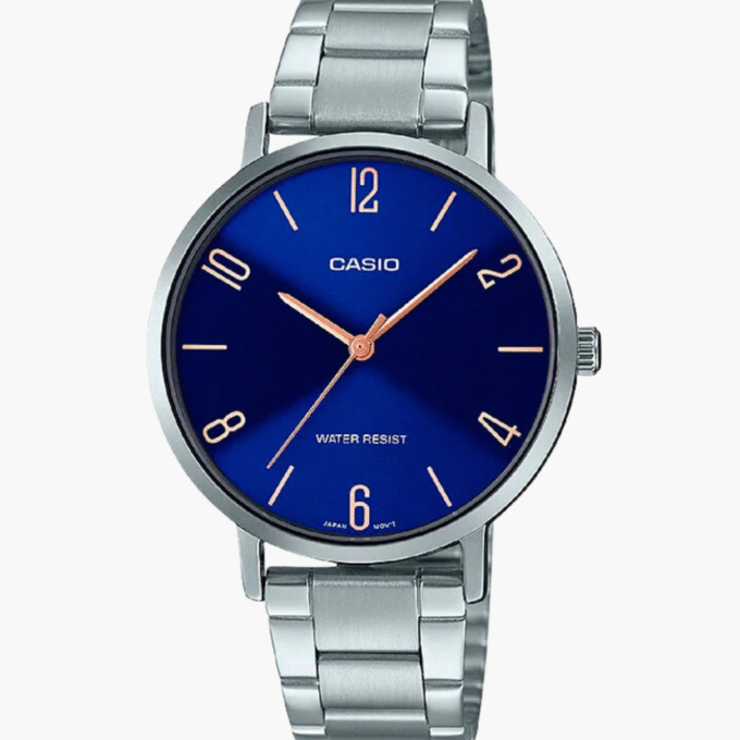 Montre CASIO Femme -  LTP-VT01D-2B2UDF - Bracelet Gris En Acier Inoxydable - Résistante à l'eau - 12 Mois De Garantie