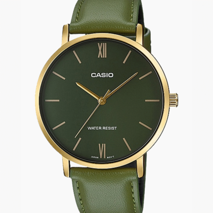 Montre CASIO Homme - MTP-VT01GL-3BUDF - Bracelet Vert En Cuir Véritable - Cadran Vert - 12 Mois De Garantie
