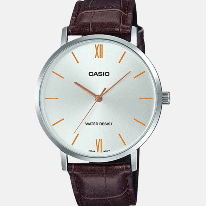 Montre Homme Casio MTP-VT01L-7B2UDF - Analogique, Résistante à leau, Bracelet Cuir Marron, Boîtier 46mm, Autonomie 3 ans