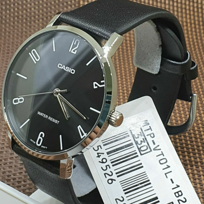 Montre CASIO Homme - MTP-VT01L-1B2UDF - Bracelet Noir En Cuir Véritable - Résistante à l'eau - 12 Mois De Garantie