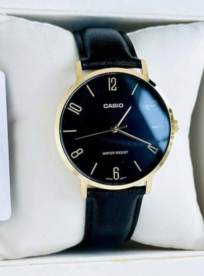 Montre CASIO Homme - MTP-VT01GL-1B2UDF - Bracelet Noir En Cuir Véritable - Résistante à l'eau - 12 Mois De Garantie