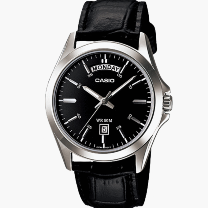Montre CASIO Homme - Bracelet Noir En Cuir Véritable - Résistante à l'eau - 12 Mois De Garantie - MTP-1370L-1AVDF