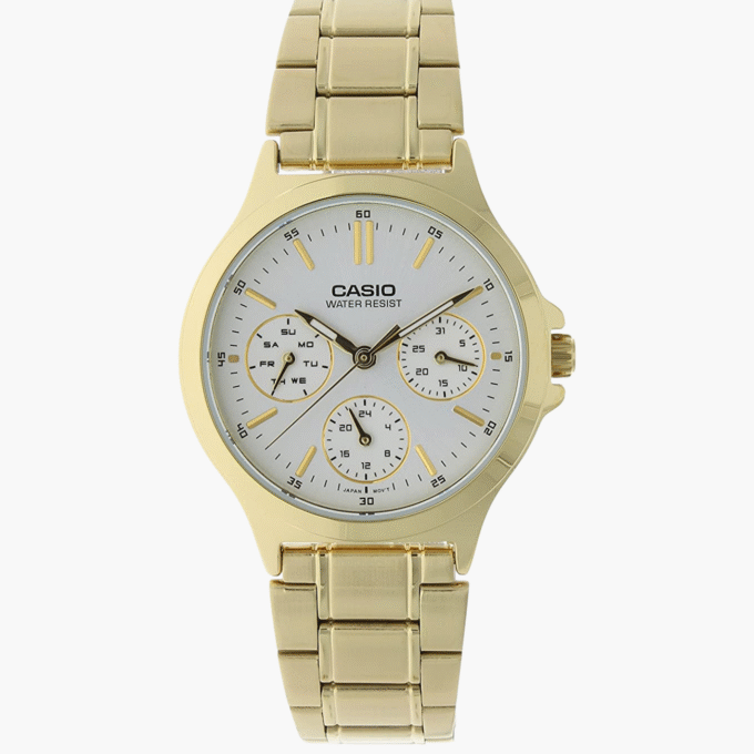 Montre CASIO Femme - Bracelet DoRée En Acier Inoxydable - Cadran Blanc - 12 Mois De Garantie - LTP-V300G-7AUDF