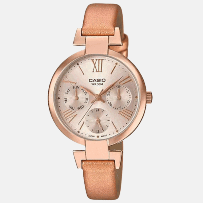 Montre CASIO Femme - Bracelet Marron En Cuir Véritable -Résistante à l'eau - 12 Mois De Garantie - LTP-E404PL-9A1VDF
