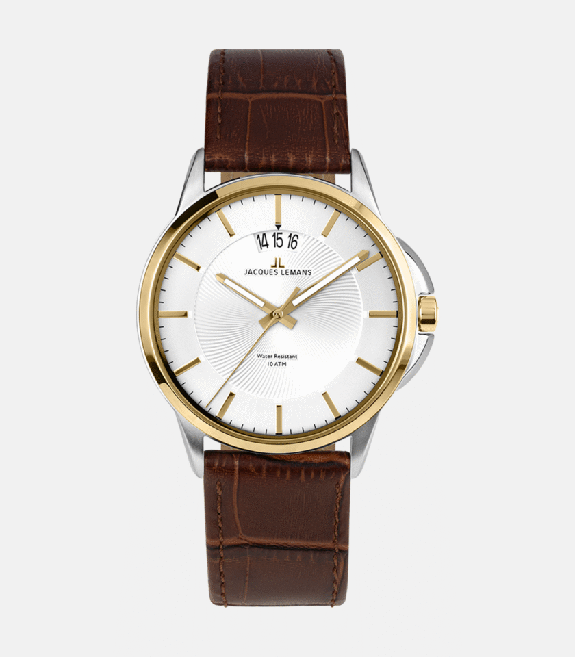 Montre Homme Jacques Lemans - 1-1540H Bracelet En Cuir Véritable Marron - Cadran Rond Blanc - Etanche - Garantie 12 mois