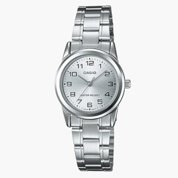 Montre CASIO Femme - Bracelet Gris En Acier Inoxydable - Cadran Blanc - 12 Mois De Garantie - LTP-V001D-7BUDF