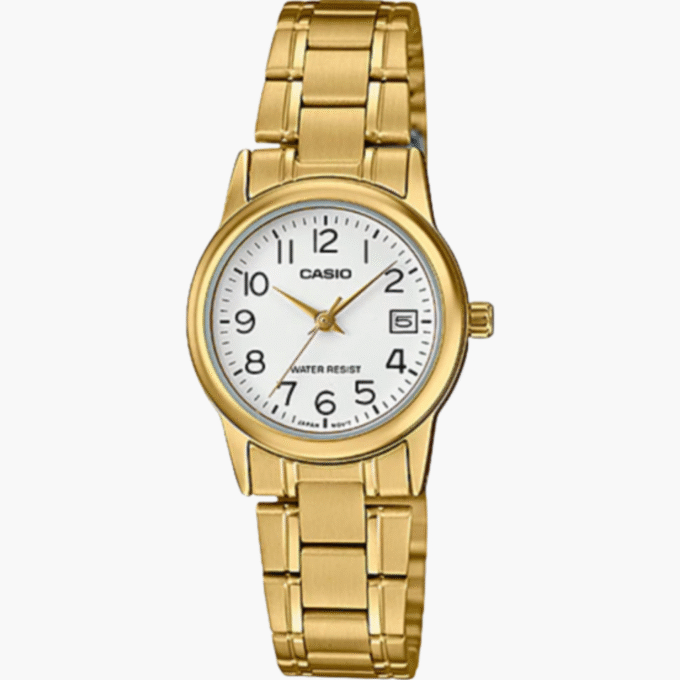 Montre CASIO Femme - Bracelet DoRée En Acier Inoxydable - Cadran Blanc - 12 Mois De Garantie - LTP-V002G-7BUDF
