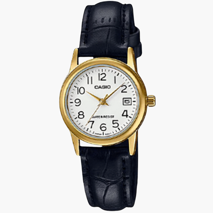 Montre CASIO Femme - Bracelet Noir En Cuir Véritable - Cadran Blanc - 12 Mois De Garantie - LTP-V002GL-7B2UDF