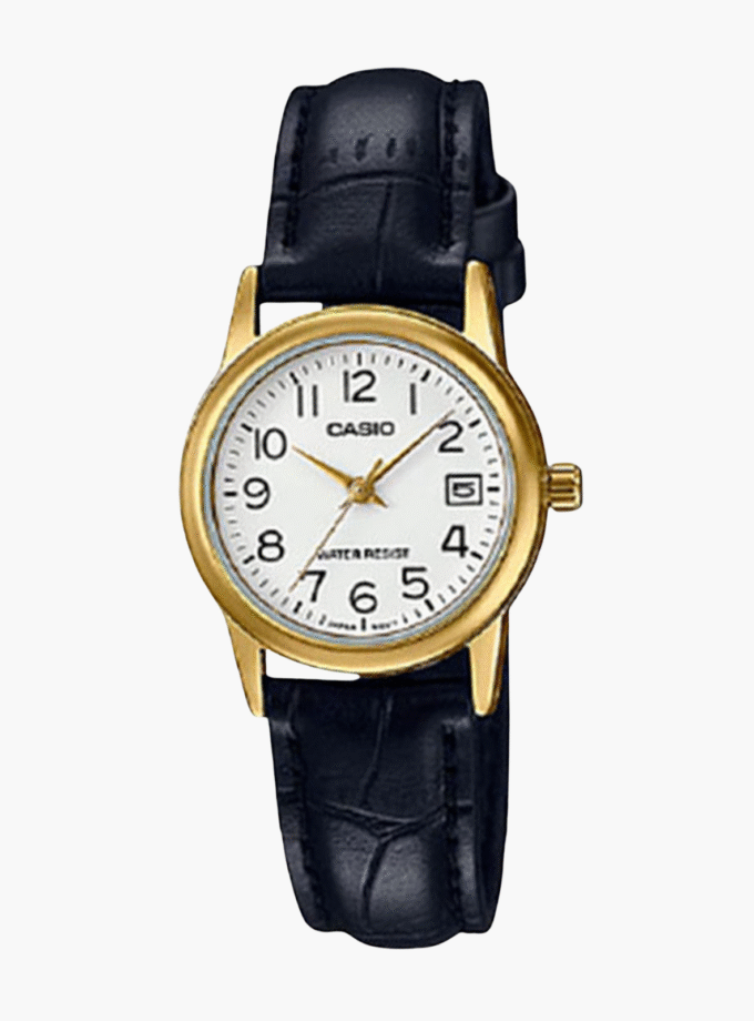 Montre CASIO Femme - Bracelet Noir En Cuir Véritable - Cadran Blanc - 12 Mois De Garantie - LTP-V002GL-7B2UDF