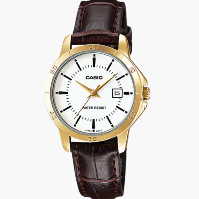 Montre CASIO Femme - LTP-V004GL-7AUDF - Bracelet Marron En Cuir Véritable - Cadran Blanc - 12 Mois De Garantie