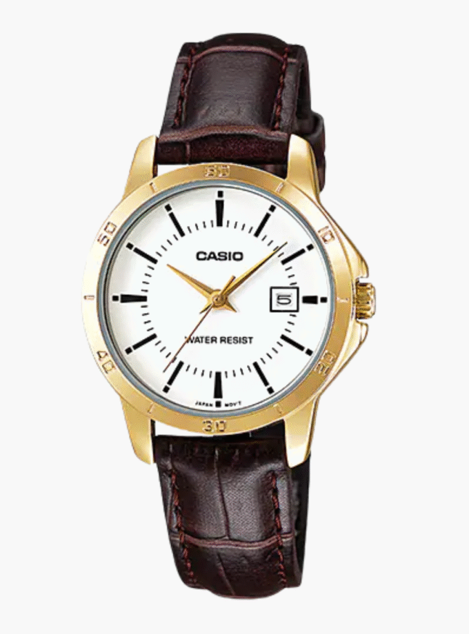 Montre CASIO Femme - LTP-V004GL-7AUDF - Bracelet Marron En Cuir Véritable - Cadran Blanc - 12 Mois De Garantie
