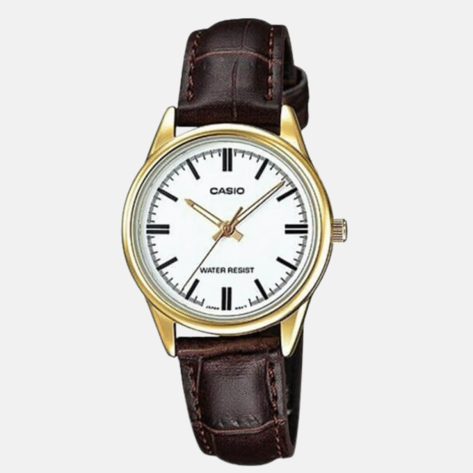 Montre CASIO Femme - Bracelet Marron En Cuir Véritable - Cadran Blanc - 12 Mois De Garantie - LTP-V005GL-7AUDF