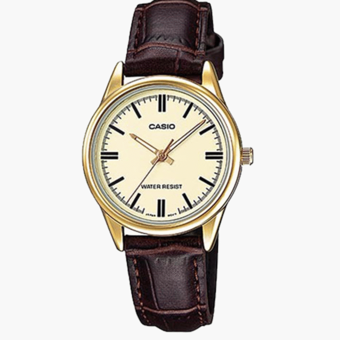 Montre CASIO Femme - Bracelet Marron En Cuir Véritable -Résistante à l'eau - 12 Mois De Garantie - LTP-V005GL-9AUDF