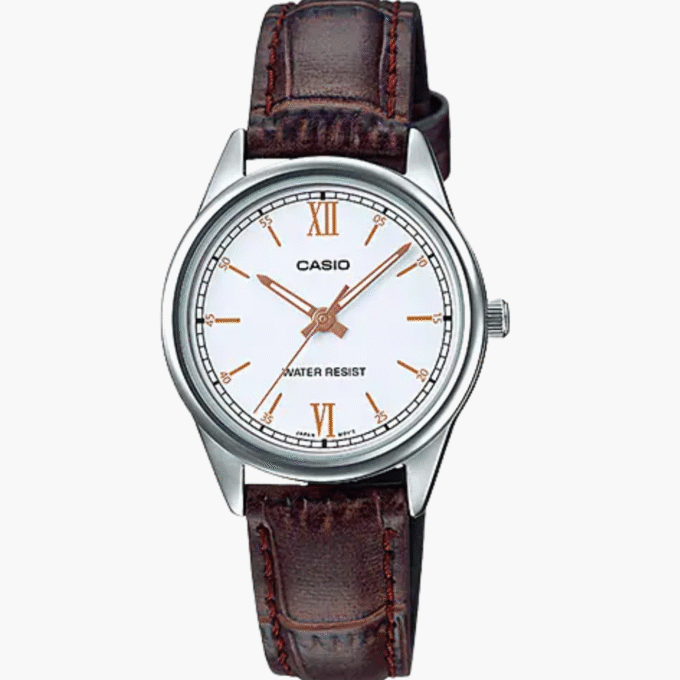 Montre CASIO Femme - Bracelet Marron En Cuir Véritable - Cadran Blanc - 12 Mois De Garantie - LTP-V005L-7B3UDF
