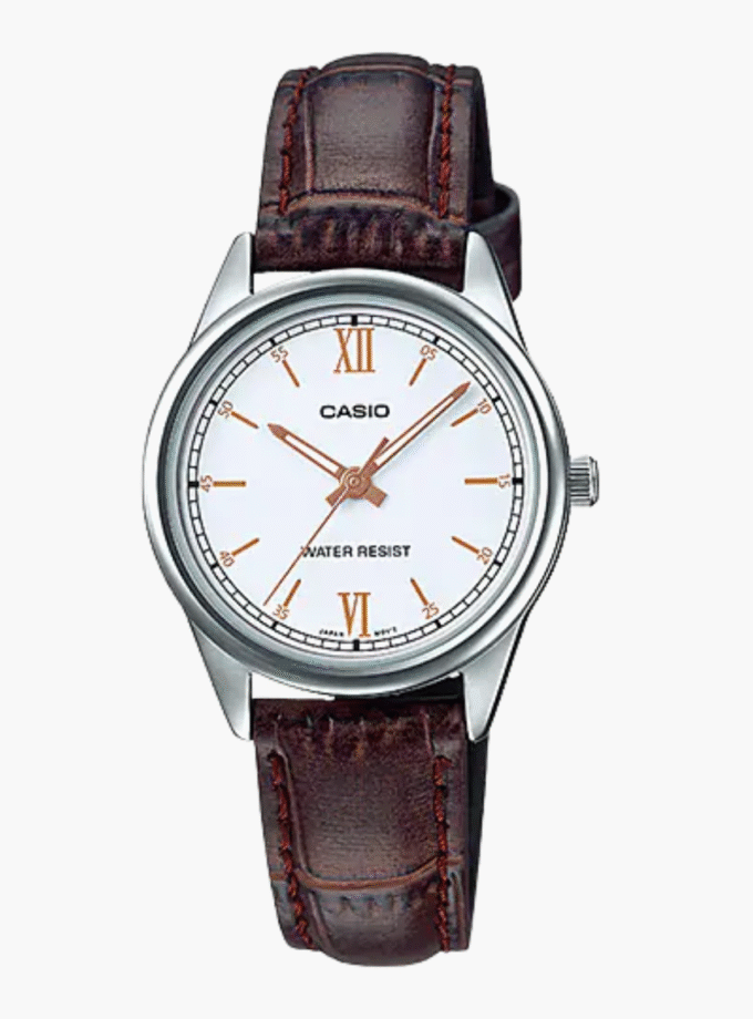 Montre CASIO Femme - Bracelet Marron En Cuir Véritable - Cadran Blanc - 12 Mois De Garantie - LTP-V005L-7B3UDF