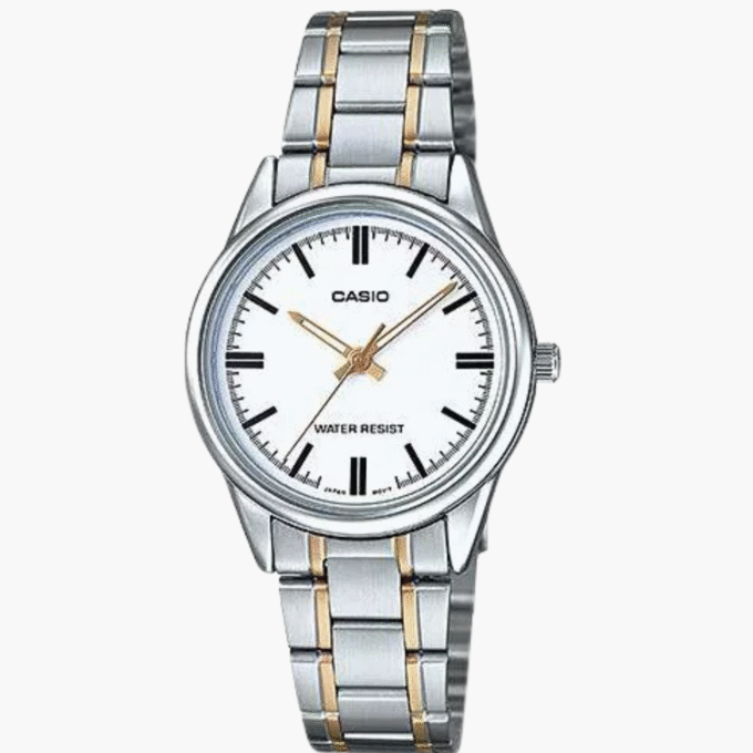 Montre CASIO Femme - Bracelet Gris/DoRée En Acier Inoxydable - Cadran Blanc - 12 Mois De Garantie - LTP-V005SG-7AUDF