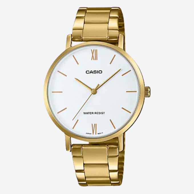 Montre CASIO Femme - Bracelet DoRée En Acier Inoxydable - Cadran Blanc - 12 Mois De Garantie - LTP-VT01G-7BUDF