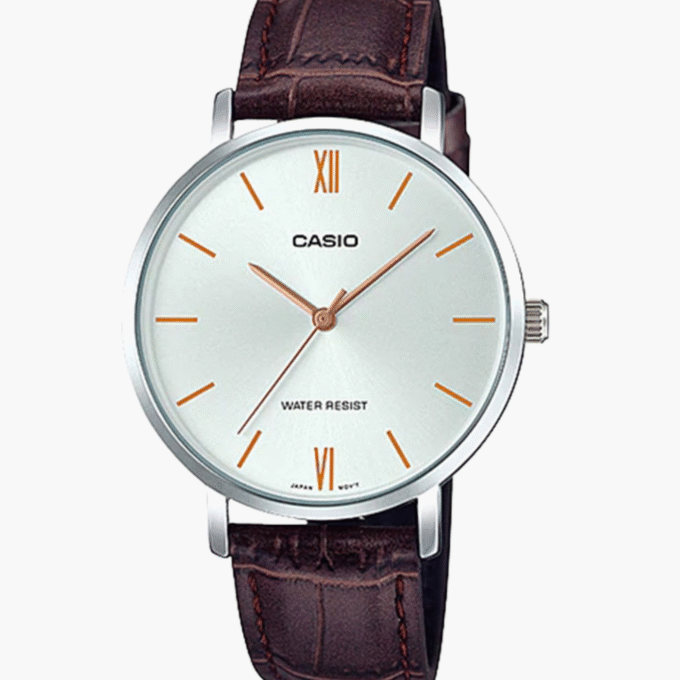Montre CASIO Femme - LTP-VT01L-7B2UDF - Bracelet Marron En Cuir Véritable - Cadran Blanc - 12 Mois De Garantie