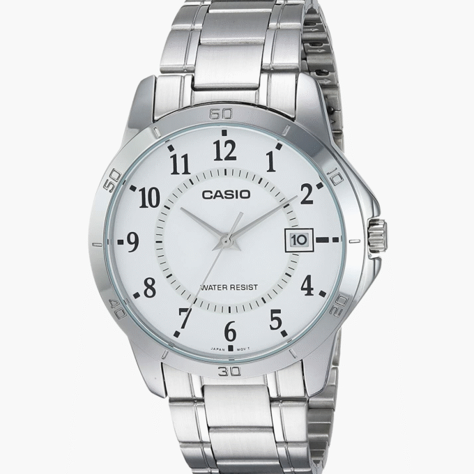 Montre Homme Casio Classique - Acier Inoxydable, Résistante à l’eau, Dateur, Précision ±20s/mois, Verre Minéral - Argenté - MTP-V004D-7BUDF