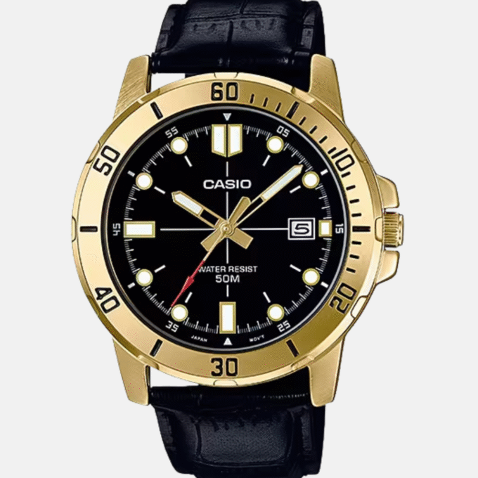 Montre Homme CASIO - MTP-VD01GL-1EVUDF - Bracelet Noir En Cuir Véritable - Résistante à l'eau - 12 Mois De Garantie - MTP-VD01GL-1EVUDF