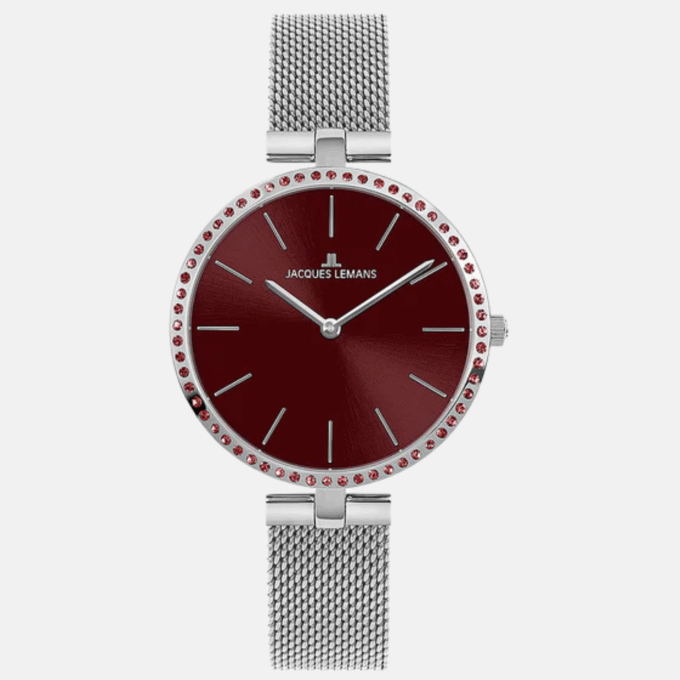 Montre-Bracelet Femme - Jacques Lemans Milano 1-2024W Wristwatch - Bracelet Gris Avec Fond Rouge En Acier Inoxydable