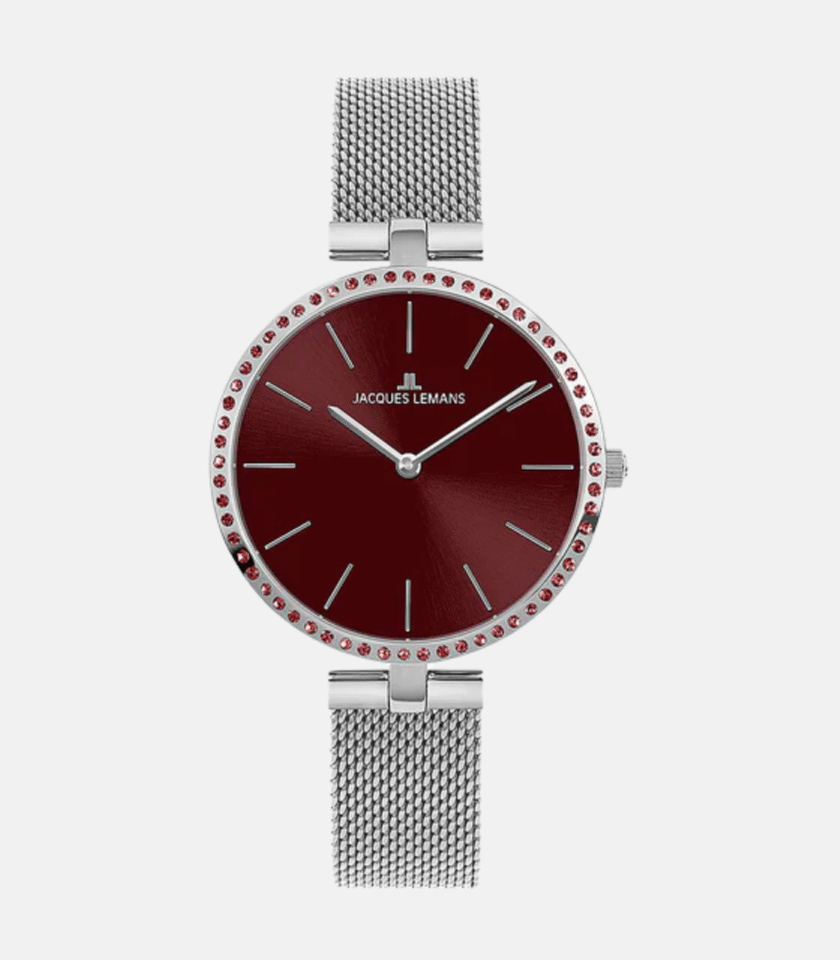 Montre-Bracelet Femme - Jacques Lemans Milano 1-2024W Wristwatch - Bracelet Gris Avec Fond Rouge En Acier Inoxydable
