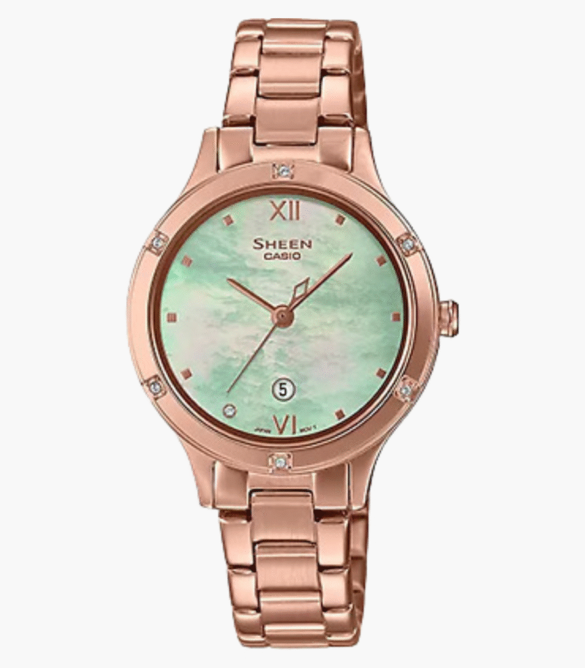 Montre Femme Casio Sheen - SHE-4546PG-3AUDF - Bracelet Dorée Rose En Acier Inoxydable - Résistance à l'Eau 50 M - Verre Saphir