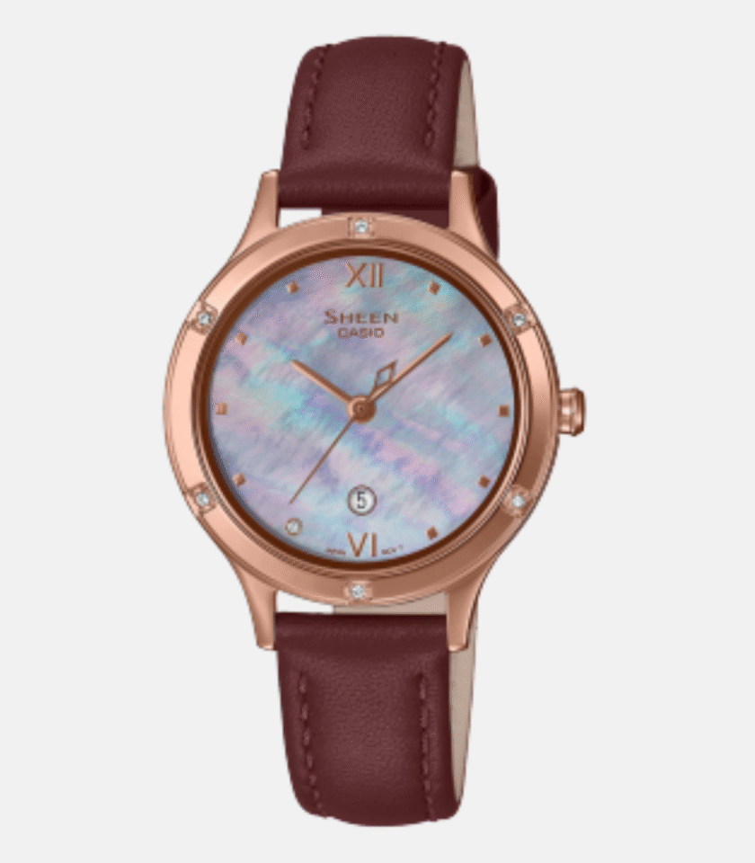 Montre Femme Casio Sheen - SHE-4546PGL-6AUDF - Bracelet Brun en Cuir Véritable - Résistance à l'eau 50 M - Verre Saphir